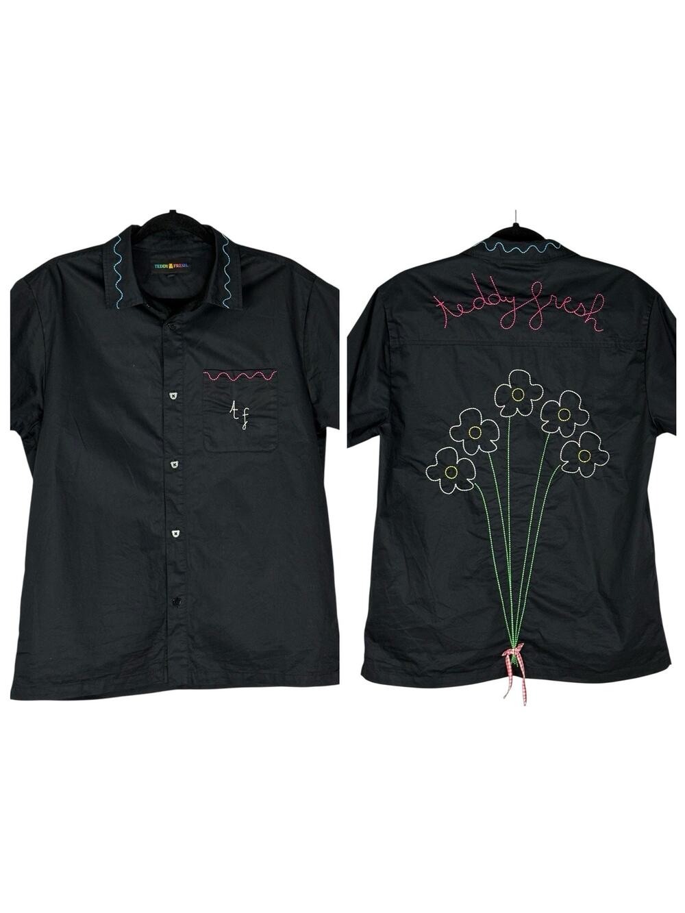 Teddy Fresh Shirt Mens Button Up Shirt Embroidered Bouquet Daisy Black Size S
